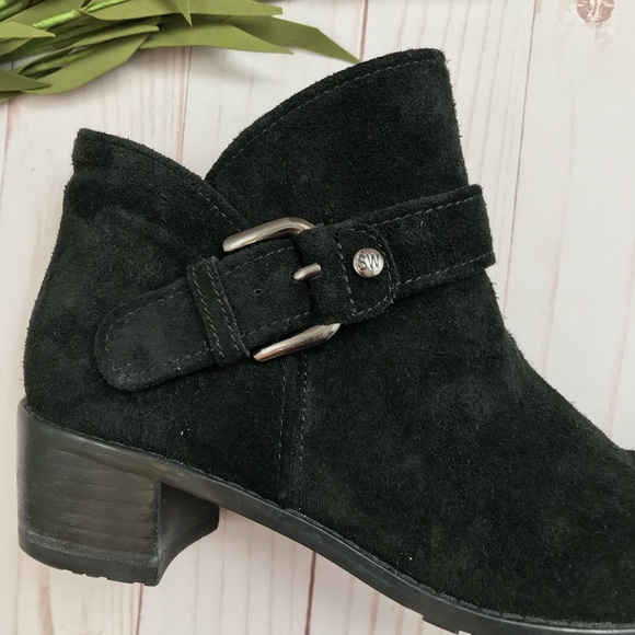 Stuart Weitzman Black Suede Dude Buckle Bootie - Picture 6 of 8